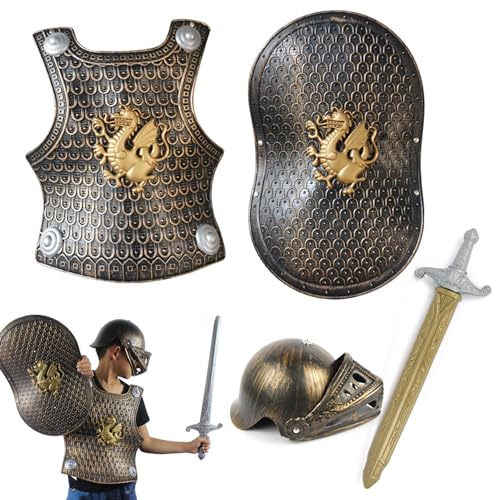 Obelunrp 4pcs/Set Knight Kostüm Kids Kids Plastikritter Rüstung mit Helmschwert und Schild für Kinder für VBS -Themen -Partys Kleides Rollenspiel, Kostüm von Obelunrp