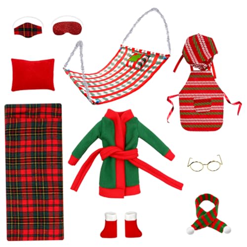 Obelunrp Elf Accessoires süßes Mini -Weihnachts -Elf -Kit mit Schlafsack, Bademantel, Brille, Schal, Hängemattenpuppenzubehör für Puppendekorationen von Obelunrp