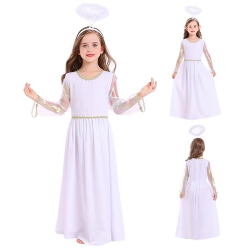 Obelunrp Engel Kostüm für Mädchen rund Hals Heiliges weißes Engel Kostüm beinhaltet Kleid & Stirnband Weihnachten Halloween Kostüme für Mädchen für Party, Cosplay, Bühne, L, für Weihnachtsdekoration von Obelunrp