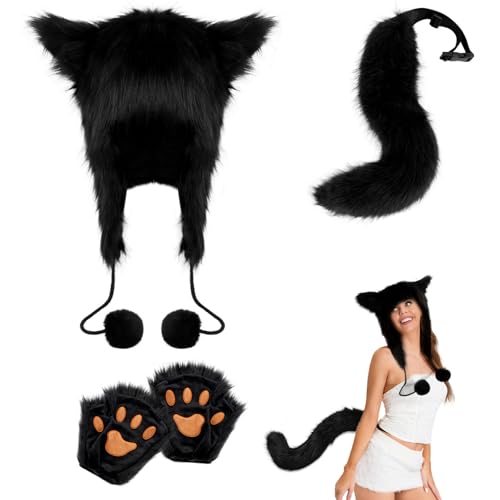 Obelunrp Fox -Kostüm -Set, 3pcs flauschige Fox Hut mit Handschuhen und Schwänzen, schwarze pelzige Wolf Cosplay -Kostüme für Halloween -Party von Obelunrp