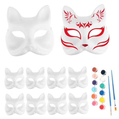 Obelunrp Fox Mask 10pcs DIY Katze Maske Cosplay Blank Halloween Gesicht mit 12 Farben Pigmenten und 2 Bürsten handbemalte weiße Papiermasken für Halloween-Party-Cosplay, Fuchs, Weihnachtsdekoration Obelunrp Fox Mask 10pcs DIY Katze Maske Cosplay Blank Halloween Gesicht mit 12 Farben Pigmenten und 2 Bürsten handbemalte weiße Papiermasken für Halloween-Party-Cosplay, Fuchs, Weihnachtsdekoration von Obelunrp