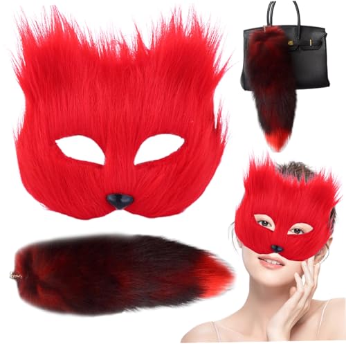Obelunrp Foxmaske mit Fox Tail, 2pcs/PCs realistische pelzige Therian Maske und Schwanz für Männer Frauen Cosplay Party Halloween von Obelunrp