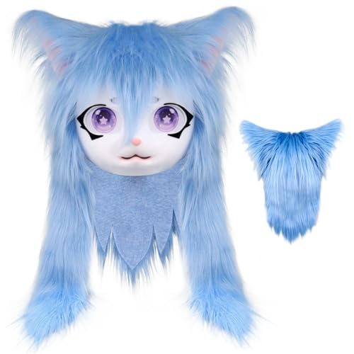 Obelunrp Fursuitkopf, pelziger Tierkopf, blaue Plüschkatze Köpfe für Halloween Maskerade Cosplay von Obelunrp