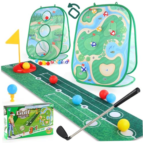 Obelunrp Kleinkindgolf-Set, 3-in 1-Kinder-Golf-Set mit Club, Übungsmatte, dreiseitiges Chipping-Netz, Kleinkindspiele für Geburtstagsgeschenke Innen im Freien, Weihnachtsdekoration von Obelunrp