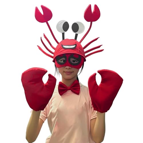 Obelunrp Krabbenkostüm Flanellstoff, Krabbenhut mit Klauenhandschuhen, Brille und Fliege, unter den Meereskostümen für Erwachsene Kinder, Kostüm Erwachsene, Tierstirnbänder von Obelunrp