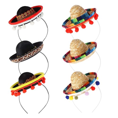 Obelunrp Mini Sombrero Hüte, 6pcs 5,9inch Sombrero Party Hüte Stirnband, kleine Fiesta -Dekorationen Stirnband, Mini mexikanischer Sombrero Hut für Kinder Haustiere Mexikanische Partydekorationen von Obelunrp