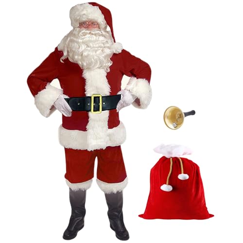 Obelunrp Santa Claus Kostüm 11pcs/Set Santa Outfit für Männer Frauen Weihnachtskostüme einschließlich Jackenhosen Hut Perücke von Obelunrp