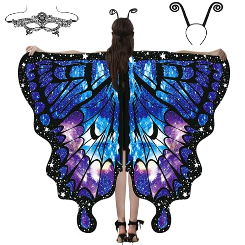 Obelunrp Schmetterling Erwachsener, Schmetterling für Mädchen Frauen, Umhang mit Masken- und Antennenstirnband, farbenfrohe Kostüm für Erwachsene für Party -Cosplay, Weihnachtsdekoration von Obelunrp