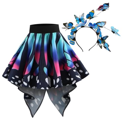 Obelunrp Schmetterlingskostüm, Schmetterlingsrock mit Schmetterling Stirnband, simuliertes bedrucktes Schmetterling Kostüm Schmetterlingskleid für Tanzparty Cosplay Dress-up, xxl von Obelunrp
