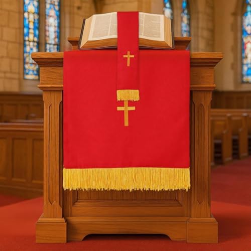 Obelunrp Set von 3 reversiblen Paramentssätzen umfasst rote Tischläufer, Lesezeichen und gestickte Kanzelschal mit Goldkreuz für Kirchen Kanzel, Redchurch Supplies von Obelunrp