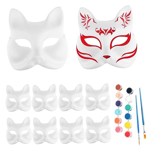 Obelunrp Therian Fox Mask, 10pcs DIY Blank Fuchsmasken mit 12 Farbenpigmenten & 2 Pinsel, DIY-unbemalte Cosplay-Katzenmasken, handbemalte weiße Papiermasken für Halloween-Party-Cosplay von Obelunrp