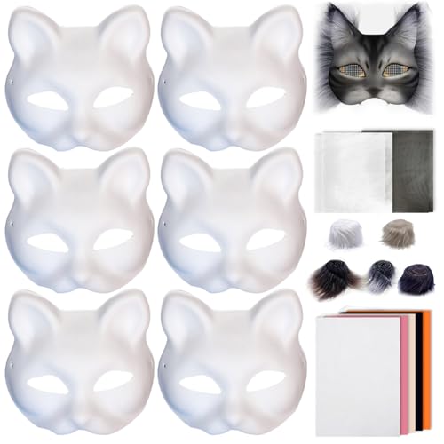 Obelunrp Therian Mask Kit, 1 Set leeres Katzenmask -Kit mit 6 Masken, Wollstreifen und Mesh -Stoff, DIY -Kunstfuchs -Fuchsmasken für Halloween -Cosplay -Partyzubehör von Obelunrp