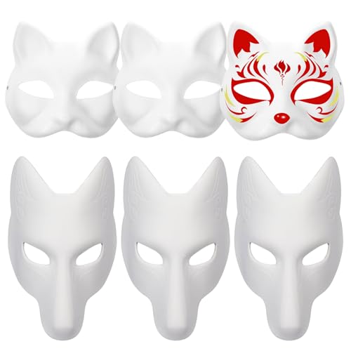 Obelunrp Therian Maske, 3pcs Cat Maske ＆ 3pcs Fox Maske, DIY Lackierbar Blindes Katzenmaske Therian, Tiermaske mit Gummiband White for Party, Cosplay von Obelunrp