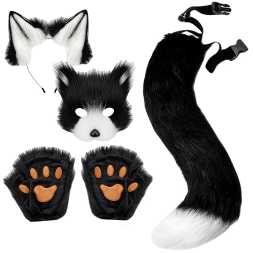 Obelunrp Therian Maske Set, 4pcs Kunstfuchsfuchsmaske mit Handschuhen, Stirnband und Fuchsschwanz, Kostüme Therian für Erwachsene Halloween (schwarz) von Obelunrp