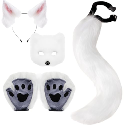 Obelunrp Therian Maske Set, 4pcs Kunstfuchsfuchsmaske mit Handschuhen, Stirnband und Fuchsschwanz, Kostüme Therian für Erwachsene Halloween (weiß) von Obelunrp
