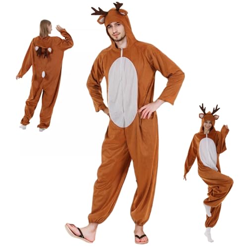 Rentierkostüm, Cartoon -Kapuze -Hirschkostüm mit Geweihen, Hirschohren und Schwanz, Reißverschluss -Strampler für Männer Frauen Weihnachten Halloween Jumpsuit Cosplay, L, Rentier, Weihnachtsdekoratio von Obelunrp