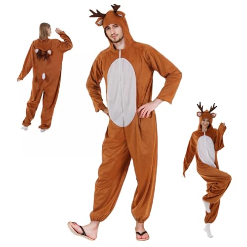 Rentierkostüm, Cartoon -Kapuze -Hirschkostüm mit Geweihen, Hirschohren und Schwanz, Reißverschluss -Strampler für Männer Frauen Weihnachten Halloween Jumpsuit Cosplay, M, Rentier, Weihnachtsdekoratio von Obelunrp