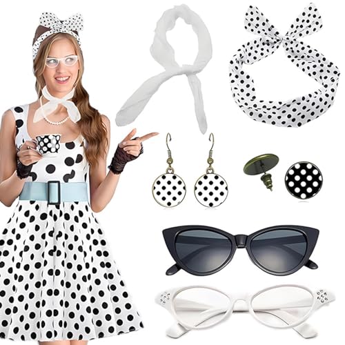 Haarband mit Punkten, gepunktet, für Damen – Set mit rotem Schleifenband und Ohrhänger bedruckt, Katzenaugenbrille mit Stirnbändern und Stirnband im Vintage-Stil mit Punkten für Damen Haarband mit Punkten, gepunktet, für Damen – Set mit rotem Schleifenband und Ohrhänger bedruckt, Katzenaugenbrille mit Stirnbändern und Stirnband im Vintage-Stil mit Punkten für Damen von Obesntln