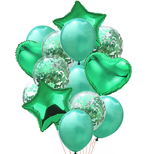 Oblique Unique® 14 Deko Ballons Konfetti Folien Luftballon Set mit Herzen Sternen für Geburtstag Feier Jubiläum Hochzeit JGA Baby Shower Party Grün von Oblique Unique
