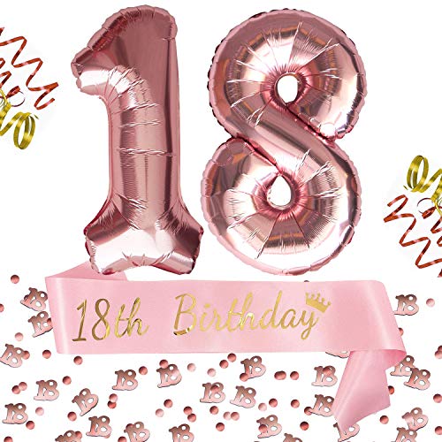 Oblique Unique® 18. Geburtstag Party Feier Deko Set - 18th Birthday Schärpe + Folien Luftballons Zahl 1 und 8 + Konfetti Zahl 18 - Roségold Rosa von Oblique Unique