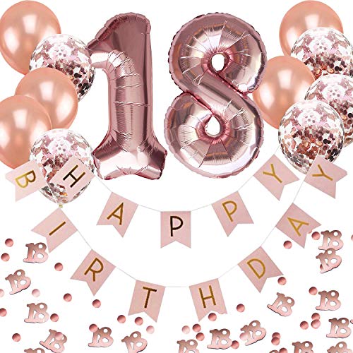 Oblique Unique® 18. Geburtstag Party Feier Deko Set - Happy Birthday Girlande + Folien Luftballons Zahl 1 und 8 + Konfetti Luftballon Set + Konfetti Zahl 18 - Roségold Rosa Champagner von Oblique Unique
