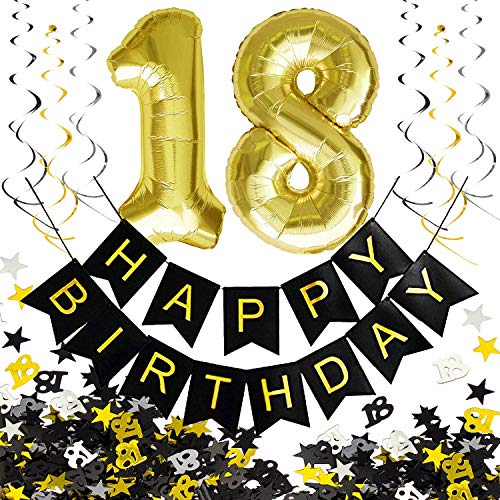 Oblique Unique® 18. Geburtstag Party Feier Deko Set - Happy Birthday Girlande + Folien Luftballons Zahl 1 und 8 + Wirbel Spiral Deckenhänger + Konfetti Zahl 18 + Sterne - Gold Silber Schwarz von Oblique Unique