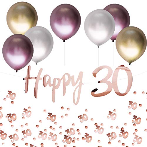 Oblique Unique® 30. Geburtstag Jubiläum Party Feier Deko Set - Happy 30 Girlande + Luftballons im Metallic Look + Konfetti Zahl 30 - Roségold Rosa Gold Silber von Oblique Unique