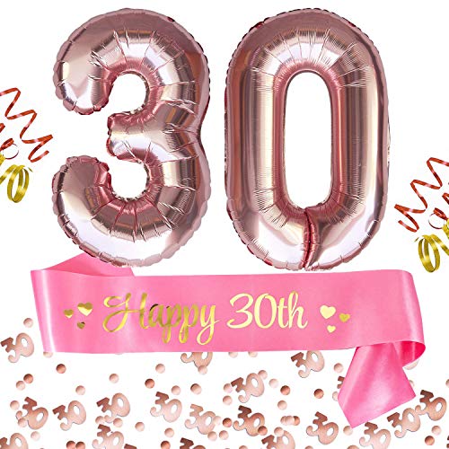 Oblique Unique® 30. Geburtstag Party Feier Deko Set - Happy 30th Schärpe + Folien Luftballons Zahl 3 und 0 + Konfetti Zahl 30 - Roségold Rosa von Oblique Unique
