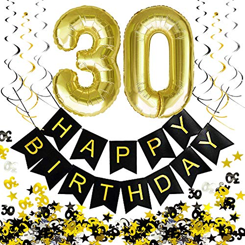 Oblique Unique® 30. Geburtstag Party Feier Deko Set - Happy Birthday Girlande + Folien Luftballons Zahl 3 und 0 + Wirbel Spiral Deckenhänger + Konfetti Zahl 30 + Sterne - Gold Silber Schwarz von Oblique Unique