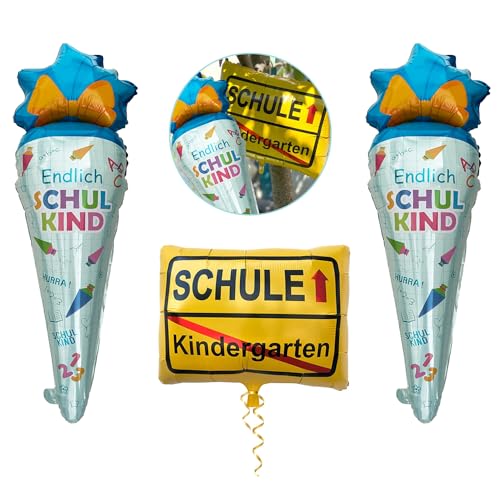 Oblique Unique® 3er Set Folienballon 2x Zuckertüte + Kindergarten/Schule Ortsschild Ballon Hänge Deko für Schuleinführung Einschulung Schulanfang von Oblique Unique
