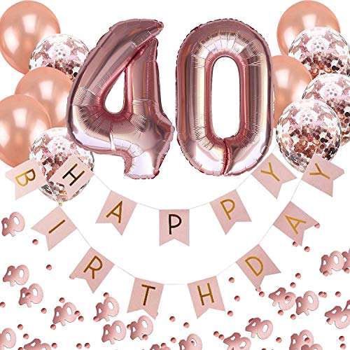 Oblique Unique® 40. Geburtstag Party Feier Deko Set - Happy Birthday Girlande + Folien Luftballons Zahl 4 und 0 + Konfetti Luftballon Set + Konfetti Zahl 40 - Roségold Rosa Champagner von Oblique Unique