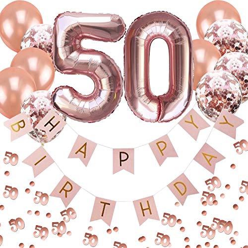 Oblique Unique® 50. Geburtstag Party Feier Deko Set - Happy Birthday Girlande + Folien Luftballons Zahl 5 und 0 + Konfetti Luftballon Set + Konfetti Zahl 50 - Roségold Rosa Champagner von Oblique Unique