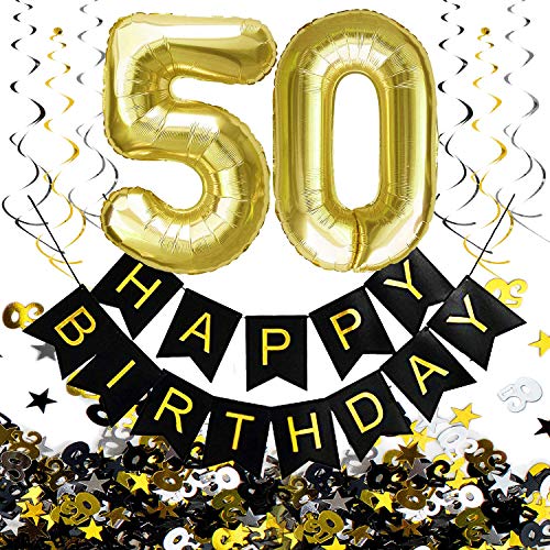 Oblique Unique® 50. Geburtstag Party Feier Deko Set - Happy Birthday Girlande + Folien Luftballons Zahl 5 und 0 + Wirbel Spiral Deckenhänger + Konfetti Zahl 50 + Sterne - Gold Silber Schwarz von Oblique Unique
