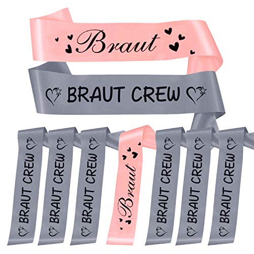 Oblique Unique® Braut + Braut Crew Schärpe Set Junggesellinnenabschied JGA Hochzeit in Rosa und Grau von Oblique Unique