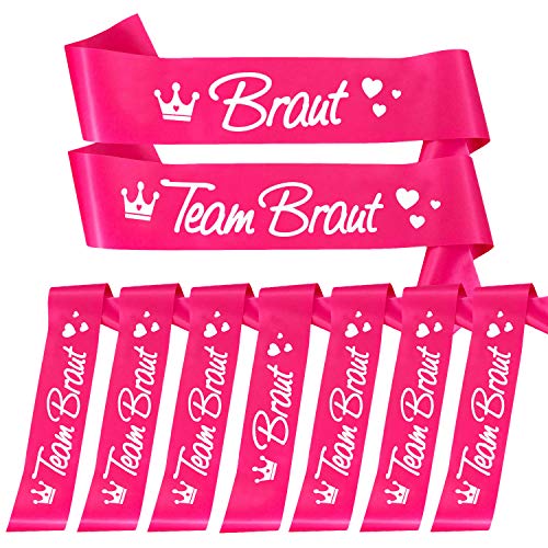 Oblique Unique® Braut + Team Braut Schärpe Set für Junggesellinnenabschied JGA Hen Party Hochzeit Accessoires in Pink mit Herzen und Krone von Oblique Unique