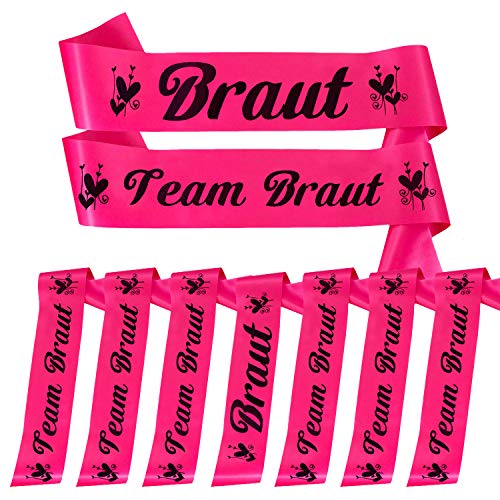 Oblique Unique® Braut + Team Braut Schärpe Set für Junggesellinnenabschied JGA Hen Party Hochzeit Accessoires in Pink mit Herzen von Oblique Unique
