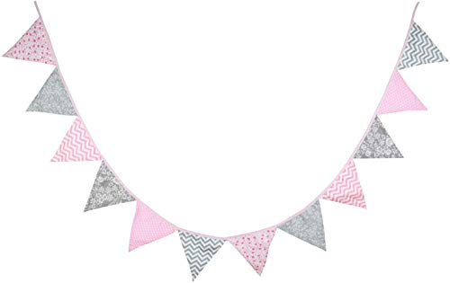 Oblique Unique® Bunte Wimpel Girlande Baumwolle Wimpelkette Doppelseitig Farbenfroh Drinnen & Draußen - Motiv wählbar (Rosa-Grau) von Oblique Unique