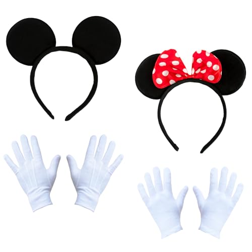 Oblique Unique® Damen + Herren Maus Mouse Kostüm Set - 2x Haarreifen mit Maus Ohren + 2 Paar Handschuhe weiß Partner Paar Kostüm für Fasching Karneval Motto Party von Oblique Unique
