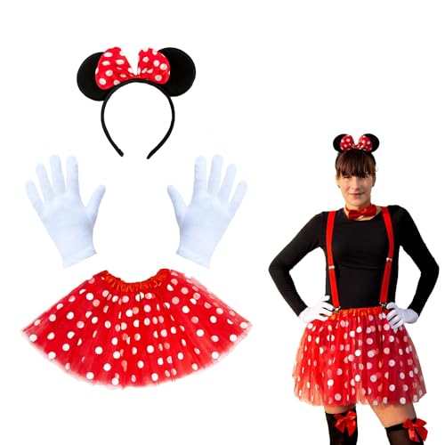 Oblique Unique Damen Maus Mouse Kostüm Rot Weiß Schwarz mit Tutu Gepunktet + Haarreifen mit Maus Ohren und Schleife + Handschuhe weiß für Fasching Karneval Motto Party von Oblique Unique