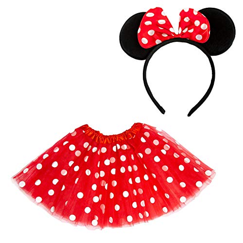 Oblique Unique® Damen Maus Mouse Mäuschen Kostüm-Set – Rot-weiß gepunktetes Tutu & Haarreifen mit Maus Ohren & Schleife – Ballettkleid für Fasching, Karneval, Cosplay, Halloween & Geburtstagsfeiern von Oblique Unique