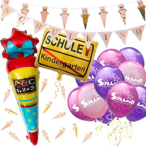 Oblique Unique® Einschulung Deko Set für Mädchen – XXL Partyset mit Zuckertüten-Folienballon, Ortsschild-Ballon, Girlanden, Konfetti & Ballons – Schulanfang Deko rosa für Schuleinführung von Oblique Unique