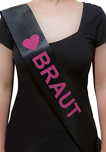 Oblique Unique® Elegante Schärpe für die Braut in Schwarz mit Aufschrift Braut und Herz in Pink von Oblique Unique