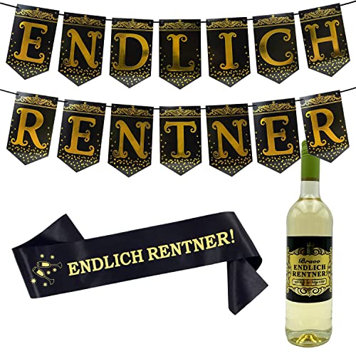 Oblique Unique® Endlich Rentner Deko Set - Girlande + Schärpe + Flaschenetikett Dekoration für Ruhestand Rente Pensionierung Männer Schwarz Gold von Oblique Unique