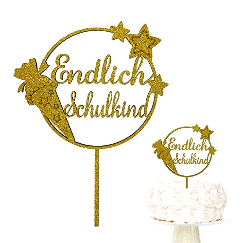 Oblique Unique® Endlich Schulkind Holz Torten Topper Glitzernd für Schuleinführung Einschulung Schulanfang von Jungs und Mädchen Topper Kuchendeckel (Gold) von Oblique Unique