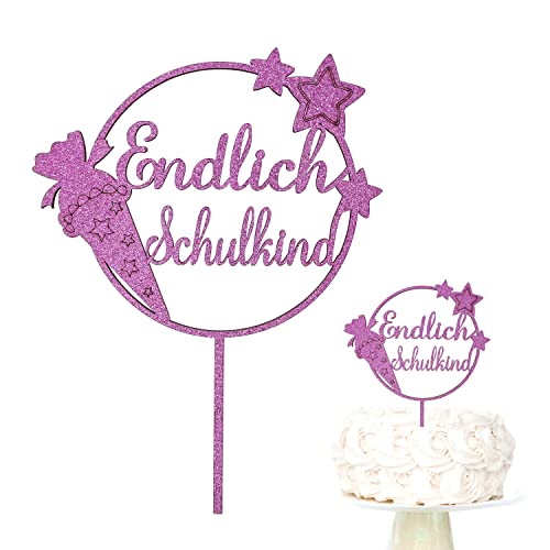 Oblique Unique® Endlich Schulkind Holz Torten Topper Glitzernd für Schuleinführung Einschulung Schulanfang von Jungs und Mädchen Topper Kuchendeckel (Rosa) von Oblique Unique