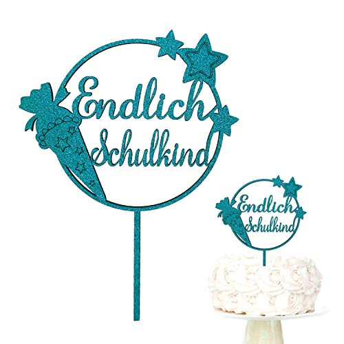 Oblique Unique® Endlich Schulkind Holz Torten Topper Glitzernd für Schuleinführung Einschulung Schulanfang von Jungs und Mädchen Topper Kuchendeckel (Türkis) von Oblique Unique