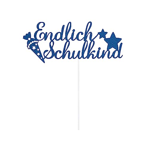 Oblique Unique® Endlich Schulkind Torten Topper Glitzernd für Schuleinführung Einschulung Schulanfang von Jungs und Mädchen Topper Kuchendeckel (Dunkelblau) von Oblique Unique