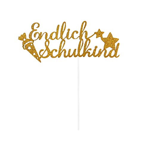 Oblique Unique® Endlich Schulkind Torten Topper Glitzernd für Schuleinführung Einschulung Schulanfang von Jungs und Mädchen Topper Kuchendeckel (Gold) von Oblique Unique