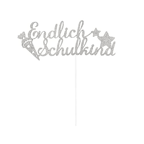 Oblique Unique® Endlich Schulkind Torten Topper Glitzernd für Schuleinführung Einschulung Schulanfang von Jungs und Mädchen Topper Kuchendeckel (Silber) von Oblique Unique