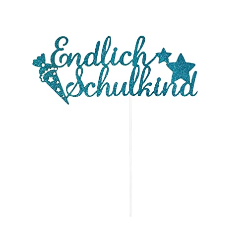 Oblique Unique® Endlich Schulkind Torten Topper Glitzernd für Schuleinführung Einschulung Schulanfang von Jungs und Mädchen Topper Kuchendeckel (Türkis) von Oblique Unique
